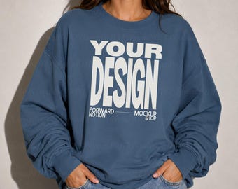 Indigo Blue Gildan 18000 Mockup Sleeve Design Sweatshirt Mock