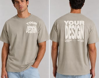 Mens Sandstone Comfort Colors 1717 Front & Back Mockup T-shirt Splitview Mockup CC1717
