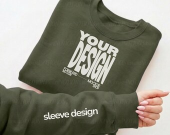 Military Green Gildan 18000 Mockup Sleeve Sweatshirt Flatlay Mock