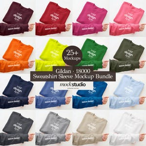 May include: A selection of Gildan 18000 sweatshirt mockups in diverse colours, such as red, pink, orange, green, and blue. Each sweatshirt features the text "your design here" and "sleeve design". The image also includes the text "25+ Mockups" and "mockstudio".