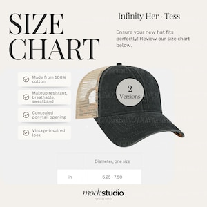 Puede incluir: Gorra de béisbol negra con la parte trasera de malla color beige, con el texto "2 Versions" en un círculo blanco. La tabla de tallas indica un diámetro de 15,88-19,05 cm. El sombrero está hecho de algodón y tiene un aspecto vintage.