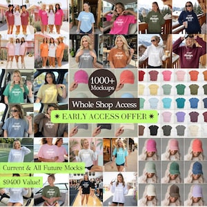 Peut inclure: Un collage de maquettes présentant divers t-shirts, sweats à capuche et casquettes de différentes couleurs. L'image comprend le texte "1000+ Mockups", "Whole Shop Access" et "Early Access Offer". L'image comprend également le texte "Current & All Future Mocks" et "$9400 Value!"