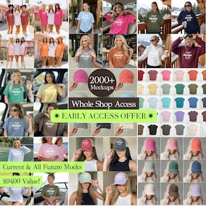 May include: A collection of mockups showcasing t-shirts, hoodies, and caps in diverse colours. The image includes text reading "2000+ Mockups", "Whole Shop Access", and "Early Access Offer". The image also includes the text "Current & All Future Mocks" and "£9400 Value!"