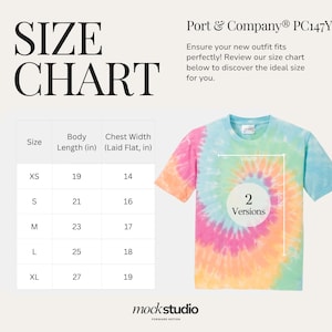 May include: A tie-dye t-shirt with a size chart. The shirt is a swirl of colors including pink, orange, yellow, green, and blue. The size chart shows body length and chest width measurements in inches for sizes XS to XL.