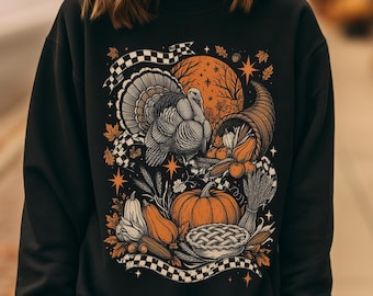 Vintage Thanksgiving Crewneck Sweatshirt | Fall Harvest Turkey Top - Retro Autumn Cornucopia - Pumpkin Pie Graphic - Cozy Holiday Outfit