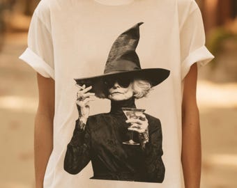 Funny Witch Shirt, Vintage Halloween Party Tee, Edgy Spooky Season Top, Martini Lover Gift, Retro Cocktail Apparel, Comfort Colors 1717
