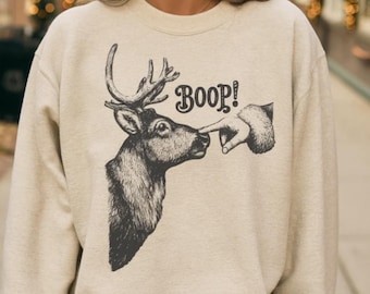 Santa Boop Reindeer Crewneck | Funny Christmas Ugly Sweater - Vintage Holiday Top - Retro Xmas Apparel - Cute Winter Outfit
