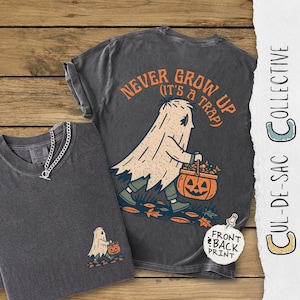 Camiseta divertida de fantasma para Halloween, camiseta retro de otoño "Nunca crezcas", top de temporada espeluznante "Truco o trato", camiseta gráfica Comfort Colors, lindo otoño