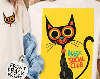Shirt zwarte kat sociale club, retro kattenliefhebber cadeau, vintage kattenshirt halverwege de eeuw, shirt grappige kat moeder, griezelig seizoen herfst comfortkleuren 1717