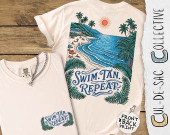 Swim Tan Repeat Back Graphic Shirt, Retro Tropical Beach Tee, Comfort Colors 1717 Summer Vacation Top, Vintage Coastal Style Cruise Gift