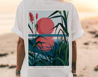 Christian Coastal Graphic Tee, Ocean Air Morning Prayer Shirt, Aesthetic Vintage Faith Sunset Comfort Colors 1717, Nature Spiritual Gift