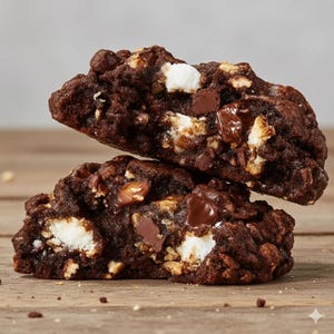 Puede incluir: Dos galletas de chocolate apiladas, rellenas de malvaviscos, trozos de chocolate y nueces. Las galletas son de color marrón oscuro y están sobre una superficie de madera.