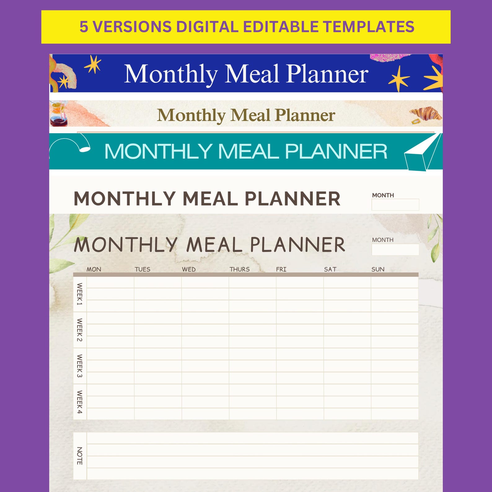 Monthly Meal Planner Canva Template – 5 Editable Designs | Digital ...