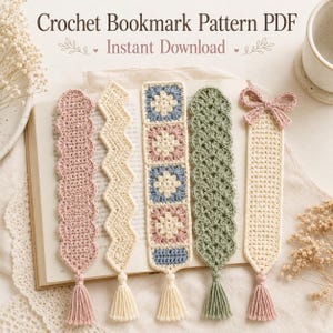 Könnte beinhalten: Fünf handgefertigte Häkel-Lesezeichen in verschiedenen Designs und Farben, darunter Rosa, Creme und Grün. Jedes Lesezeichen hat ein einzigartiges Muster und eine Quaste. Der Text "Crochet Bookmark Pattern PDF - Instant Download" steht oben.