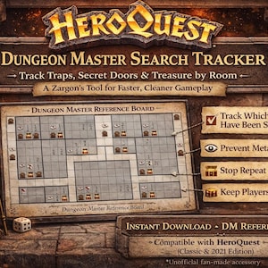Puede incluir: Imagen promocional de un HeroQuest Dungeon Master Search Tracker. La imagen presenta un tablero de juego, texto y un personaje de mago. El texto incluye "Track Traps, Secret Doors & Treasure by Room" y "Instant Download - DM Reference Tool."