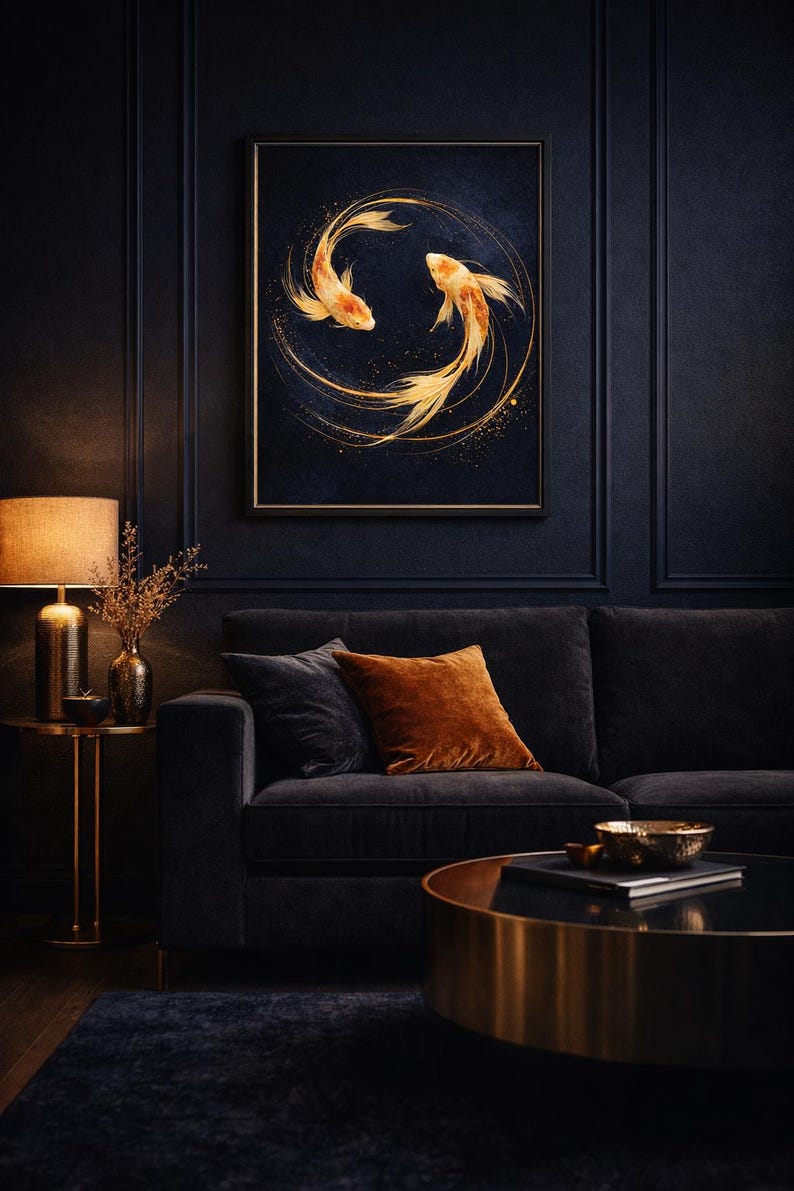 May include: A framed artwork featuring two golden koi fish swimming in a circle against a dark blue background. The artwork hangs above a dark gray sofa with orange and gray pillows. A gold side table with a lamp and a coffee table complete the room.