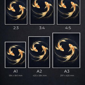 May include: Digital art print featuring two koi fish in a circular design with gold accents on a dark background. The print is available in various aspect ratios, including 2:3, 3:4, and 4:5, and sizes A1 (594 x 841 mm), A2 (420 x 594 mm), and A3 (297 x 420 mm).