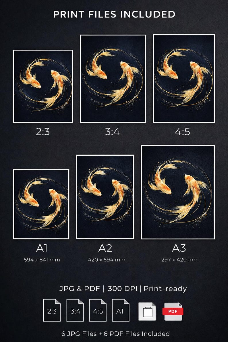 May include: Digital art print featuring two koi fish in a circular design with gold accents on a dark background. The print is available in various aspect ratios, including 2:3, 3:4, and 4:5, and sizes A1 (594 x 841 mm), A2 (420 x 594 mm), and A3 (297 x 420 mm).