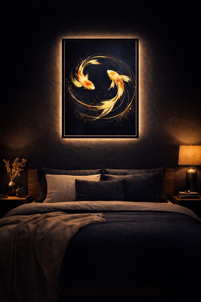 May include: A framed artwork featuring two golden koi fish swimming in a circle against a dark blue background. The artwork is illuminated by a warm, golden light, creating a serene ambiance. The artwork is above a bed with dark blue bedding.