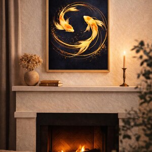May include: A framed artwork featuring two golden koi fish swimming in a circular pattern against a dark blue background. The artwork is displayed above a fireplace, with a lit candle and decorative vase.