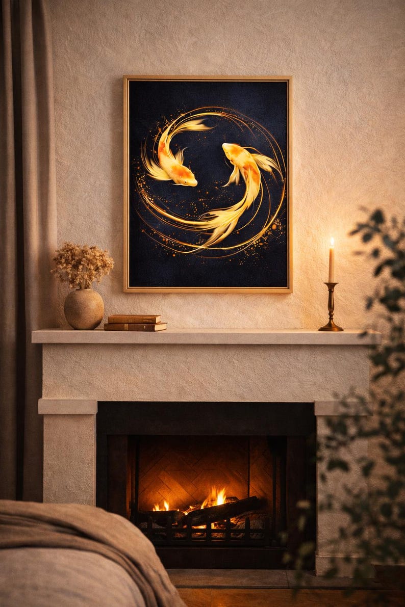 May include: A framed artwork featuring two golden koi fish swimming in a circular pattern against a dark blue background. The artwork is displayed above a fireplace, with a lit candle and decorative vase.