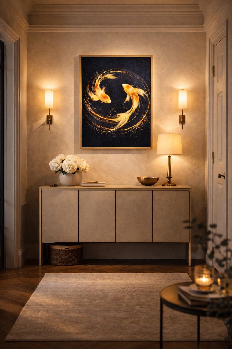 May include: A framed artwork featuring two golden koi fish swimming in a circular pattern against a dark background. The artwork hangs above a light-colored cabinet with a vase of white flowers, a lamp, and a decorative bowl.