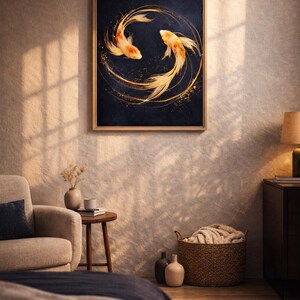 May include: Framed artwork featuring two orange koi fish swimming in a circular pattern against a dark blue background. Gold accents and a gold frame enhance the artwork's aesthetic. The image is displayed in a well-lit room with neutral tones.