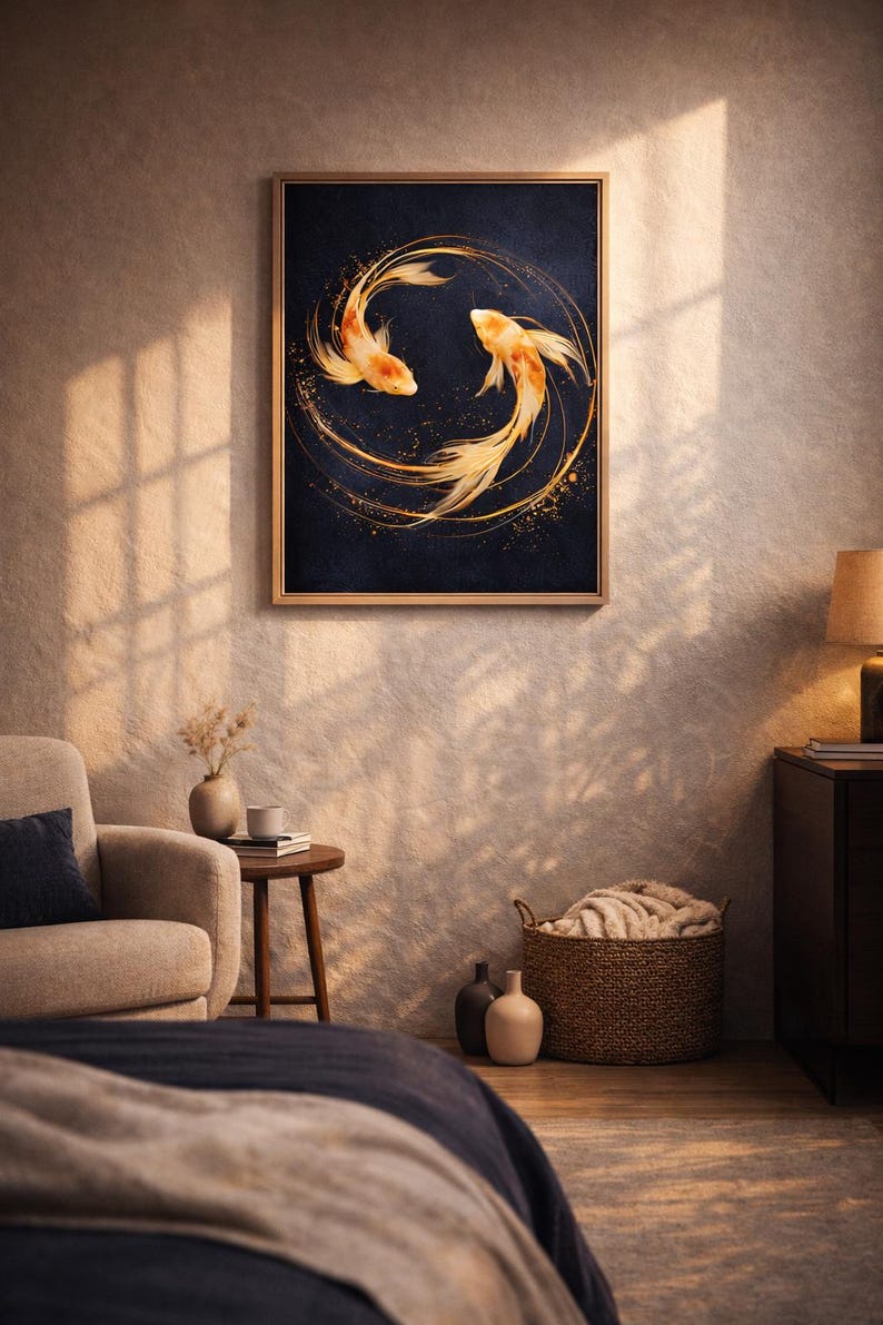 May include: Framed artwork featuring two orange koi fish swimming in a circular pattern against a dark blue background. Gold accents and a gold frame enhance the artwork's aesthetic. The image is displayed in a well-lit room with neutral tones.