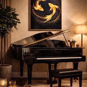 May include: A grand piano with a glossy black finish and a matching bench. Above the piano hangs a framed artwork featuring two golden koi fish in a swirling design against a black background. The room is warmly lit.