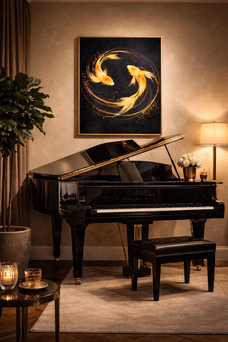 May include: A grand piano with a glossy black finish and a matching bench. Above the piano hangs a framed artwork featuring two golden koi fish in a swirling design against a black background. The room is warmly lit.