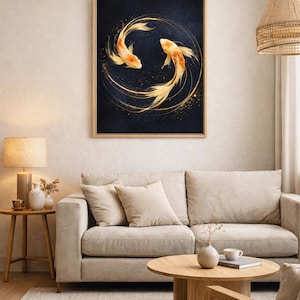 May include: Framed artwork featuring two koi fish in a circular design. The fish are orange and white against a dark blue background, with gold accents. The artwork is displayed above a beige sofa in a living room setting.