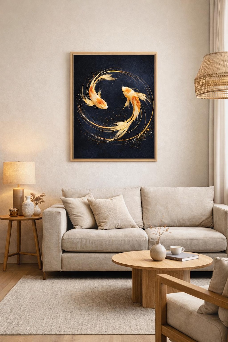 May include: Framed artwork featuring two koi fish in a circular design. The fish are orange and white against a dark blue background, with gold accents. The artwork is displayed above a beige sofa in a living room setting.