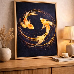 May include: Framed artwork featuring two koi fish in a circular design. The fish are orange and gold against a dark blue background. Gold lines and specks create a flowing, dynamic composition. The artwork is in a light wood frame.
