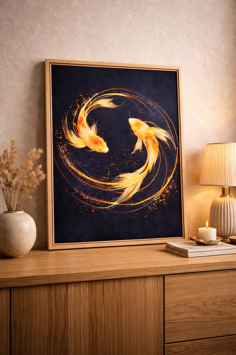 May include: Framed artwork featuring two koi fish in a circular design. The fish are orange and gold against a dark blue background. Gold lines and specks create a flowing, dynamic composition. The artwork is in a light wood frame.
