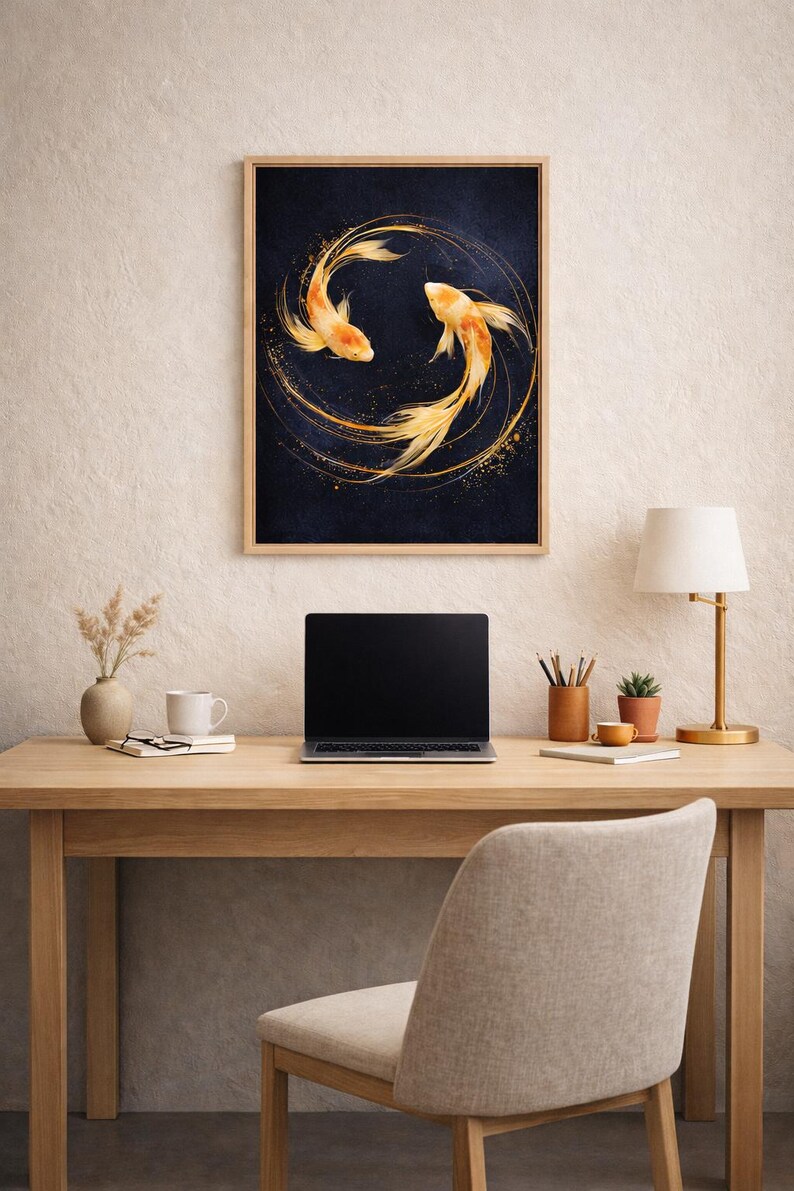 May include: A framed artwork featuring two orange koi fish swimming in a circular pattern against a dark blue background. The artwork is displayed on a wooden desk with a laptop, lamp, and other office supplies.