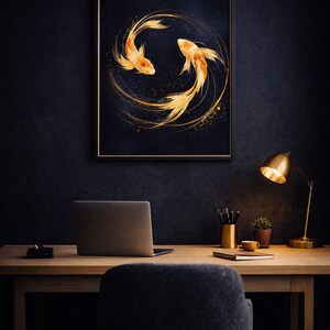 May include: A framed art print featuring two koi fish swimming in a circular pattern. The fish are orange and gold against a dark blue background. The artwork is displayed above a wooden desk with a laptop and desk lamp.