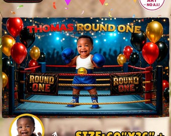Banner de boxeo para primer cumpleaños con foto, fondo para fiesta de cumpleaños "Round One", descarga digital personalizada.