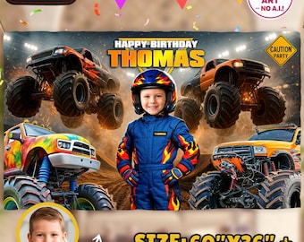 Monster Truck Birthday Banner with Photo, Off Road Truck Party Backdrop (Digital Download)