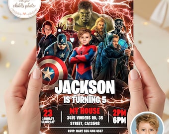 Zaproszenie urodzinowe drużyny superbohaterów ze zdjęciem, zaproszenie na imprezę Avengers (do pobrania w wersji cyfrowej)