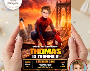 Spider Style Superhero Birthday Invitation with Photo, Action Hero Party Invite (Digital Download)