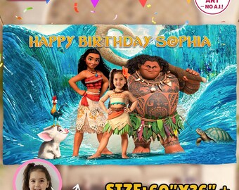 Moana Birthday Banner with Photo, Tropical Island Party Backdrop (Digital Download)