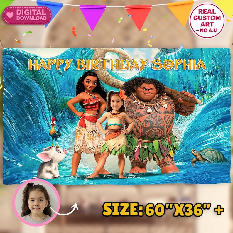 Op de afbeelding: Een levendige verjaardagsbanner met personages uit een populaire animatiefilm, met de tekst "HAPPY BIRTHDAY SOPHIA". De banner meet 152 cm x 91 cm. Het ontwerp bevat slingers, confetti en labels met "DIGITALE DOWNLOAD" en "ECHTE CUSTOM ART - GEEN AI!"