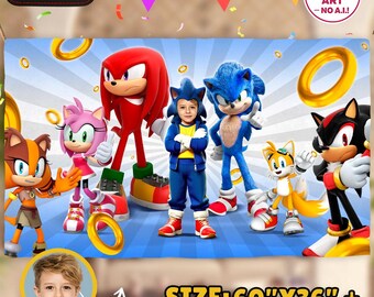 Blue Hedgehog Birthday Banner with Photo, Sonic Party Backdrop, Personalized Digital Download