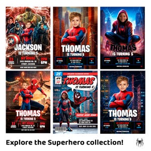 May include: A collection of six personalised superhero-themed birthday party invitations featuring various characters in red and blue costumes, city backgrounds, and spider web motifs, with customisable text fields for names, ages, dates, and locations.