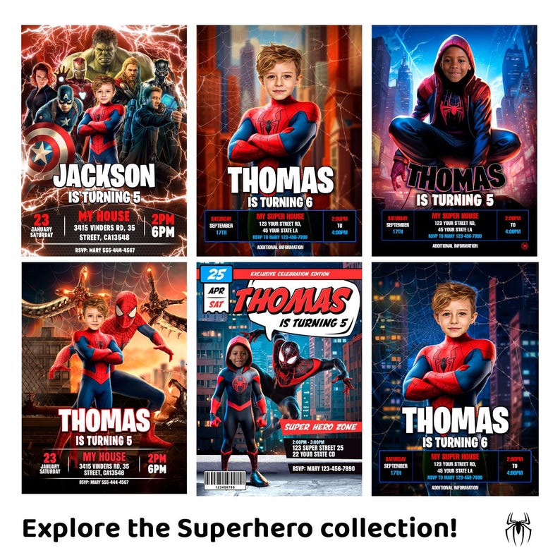 May include: A collection of six personalised superhero-themed birthday party invitations featuring various characters in red and blue costumes, city backgrounds, and spider web motifs, with customisable text fields for names, ages, dates, and locations.