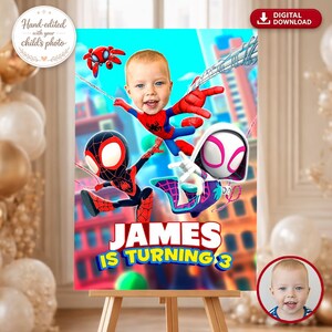 May include: A digital download birthday poster featuring a child's face superimposed on a Spider-Man character. The poster includes the text "JAMES IS TURNING 3" in yellow and blue, with a cityscape background and a small image of the child.