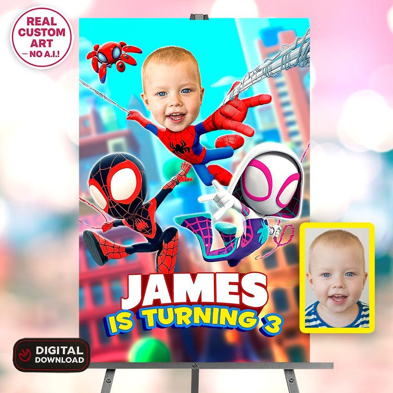 May include: A custom digital poster featuring a child's face superimposed on Spider-Man characters. The poster includes the text "JAMES IS TURNING 3" in yellow and blue, with a small photo of the child in the corner. The poster is displayed on an easel.