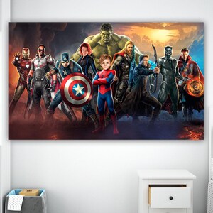 May include: A rectangular canvas print featuring a group of superheroes, including Iron Man, Captain America, and Spider-Man. The Hulk stands prominently in the background. The artwork has a vibrant, colorful style, with a mix of action poses and dynamic lighting.