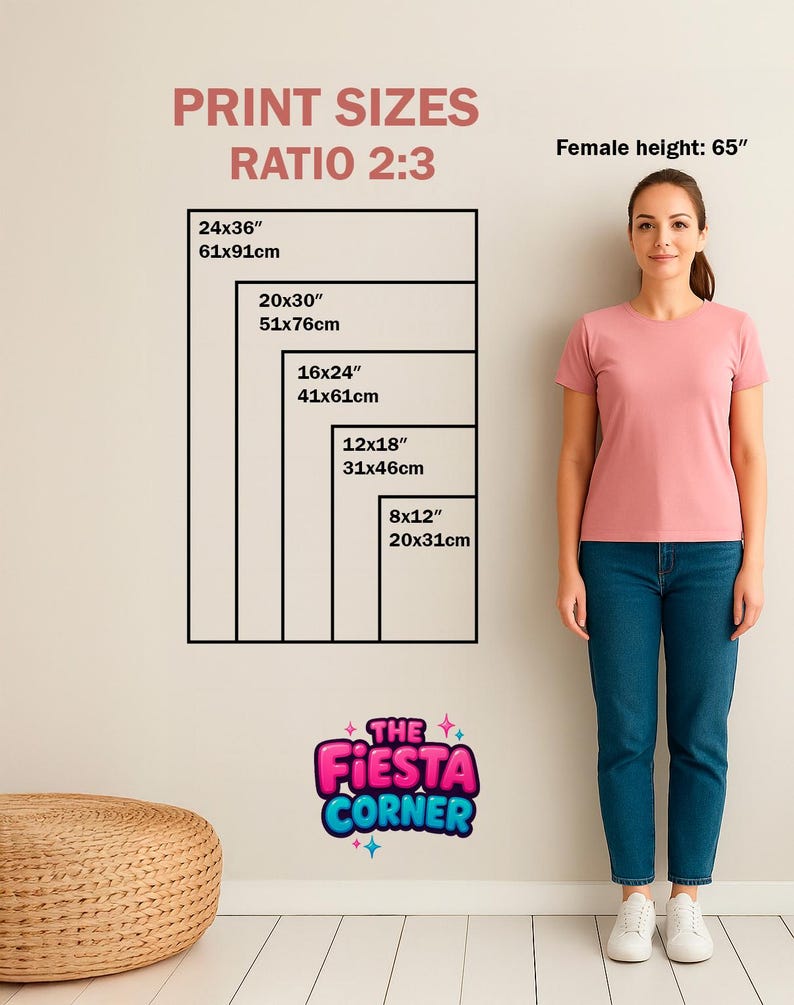 Peut inclure: Image pr&eacute;sentant des tailles d'impression avec un rapport 2:3, incluant 24x36 pouces (61x91cm), 20x30 pouces (51x76cm), 16x24 pouces (41x61cm), 12x18 pouces (31x46cm) et 8x12 pouces (20x31cm). Le texte "PRINT SIZES RATIO 2:3" est en haut. Une femme se tient &agrave; c&ocirc;t&eacute; du tableau des tailles. Le logo The Fiesta Corner est en bas.