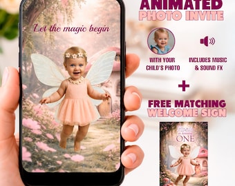 Fairy First Birthday Animated Video Invitation with Photo, Enchanted Garden Welcome Sign (Digital Download)